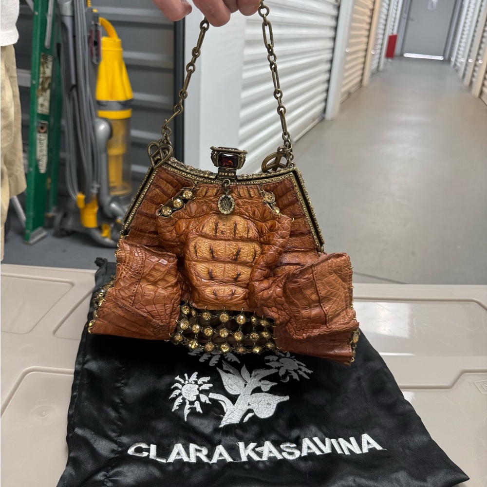Brown Genuine Crocodile Clutch with Gold Accents Chain Shoulder Strap